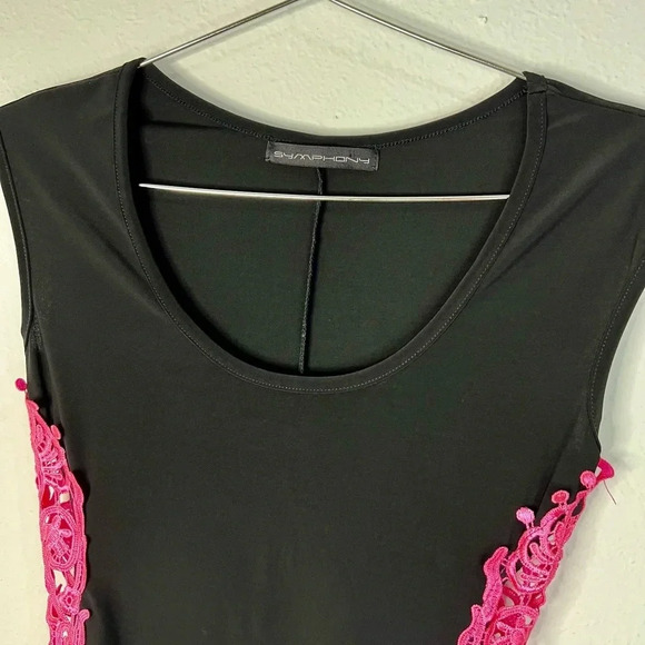 Symphony Black Dress Pink Open Cutout Stitch Sides Bodycon Mini Dress Size Small - Picture 4 of 15
